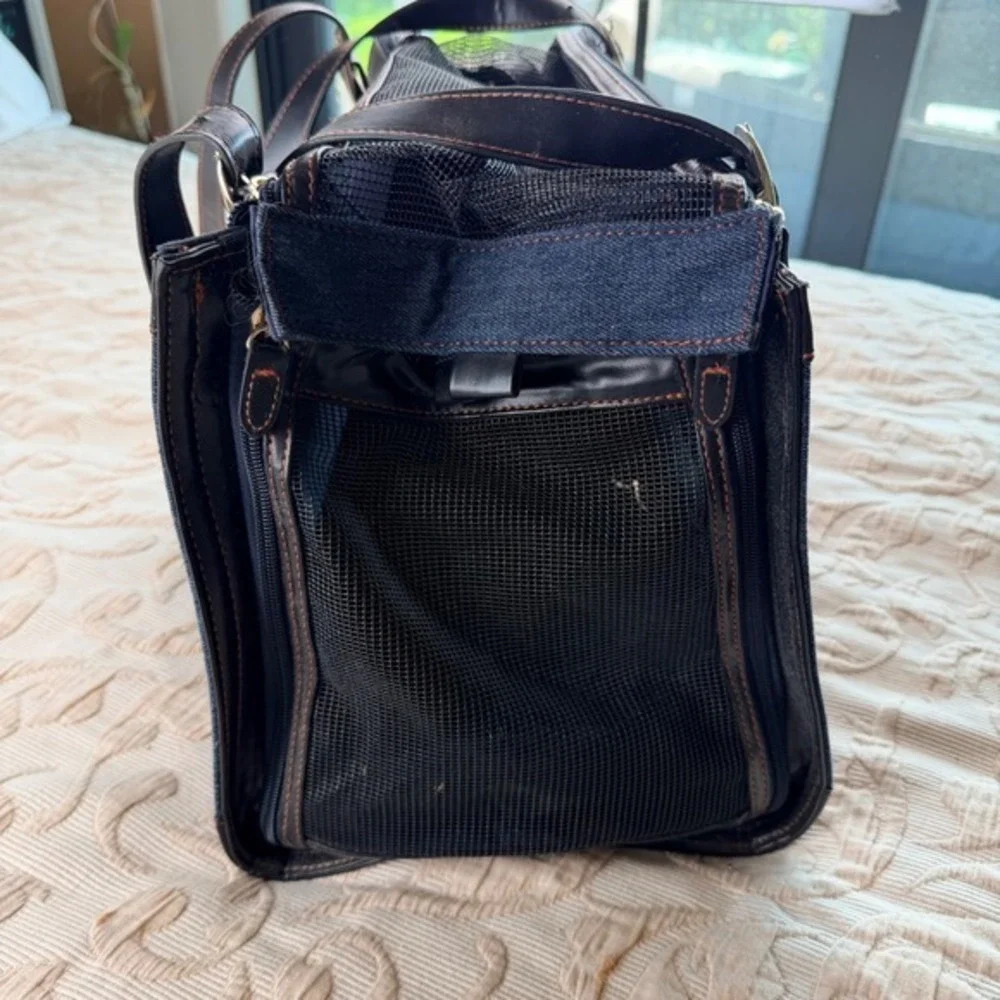 A Pet with Paws Denim Pet Carrier Bag Blue Black Small Dog Cat Tote Travel Case